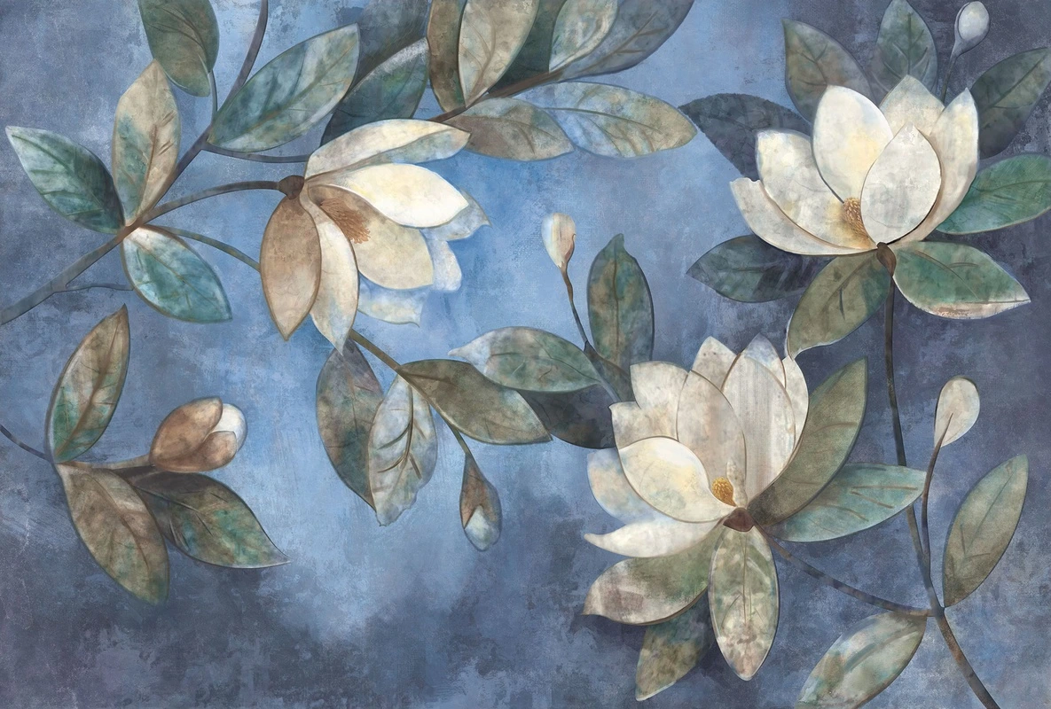 Фотообои на стену - цветы, крупные бутоны, магнолии, белые, листья, синие, акварель, зелёные