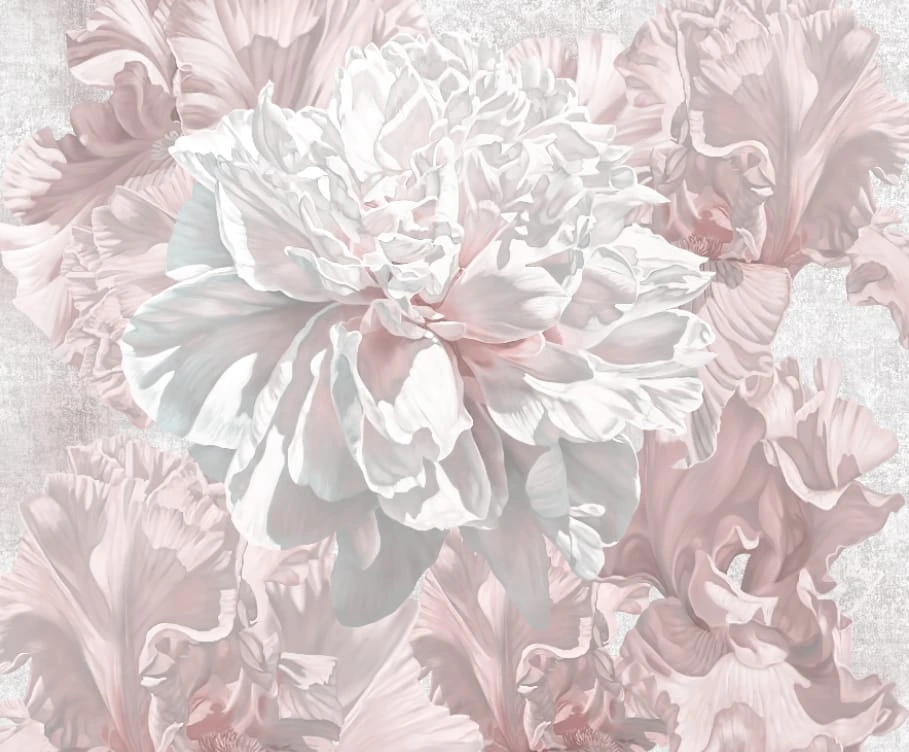 Фотообои на стену - цветы, пионы, ирисы, сиреневые, розовые, цветы крупные, цветы во всю стену, пионы белые, в гостиную, над диваном, новинки
