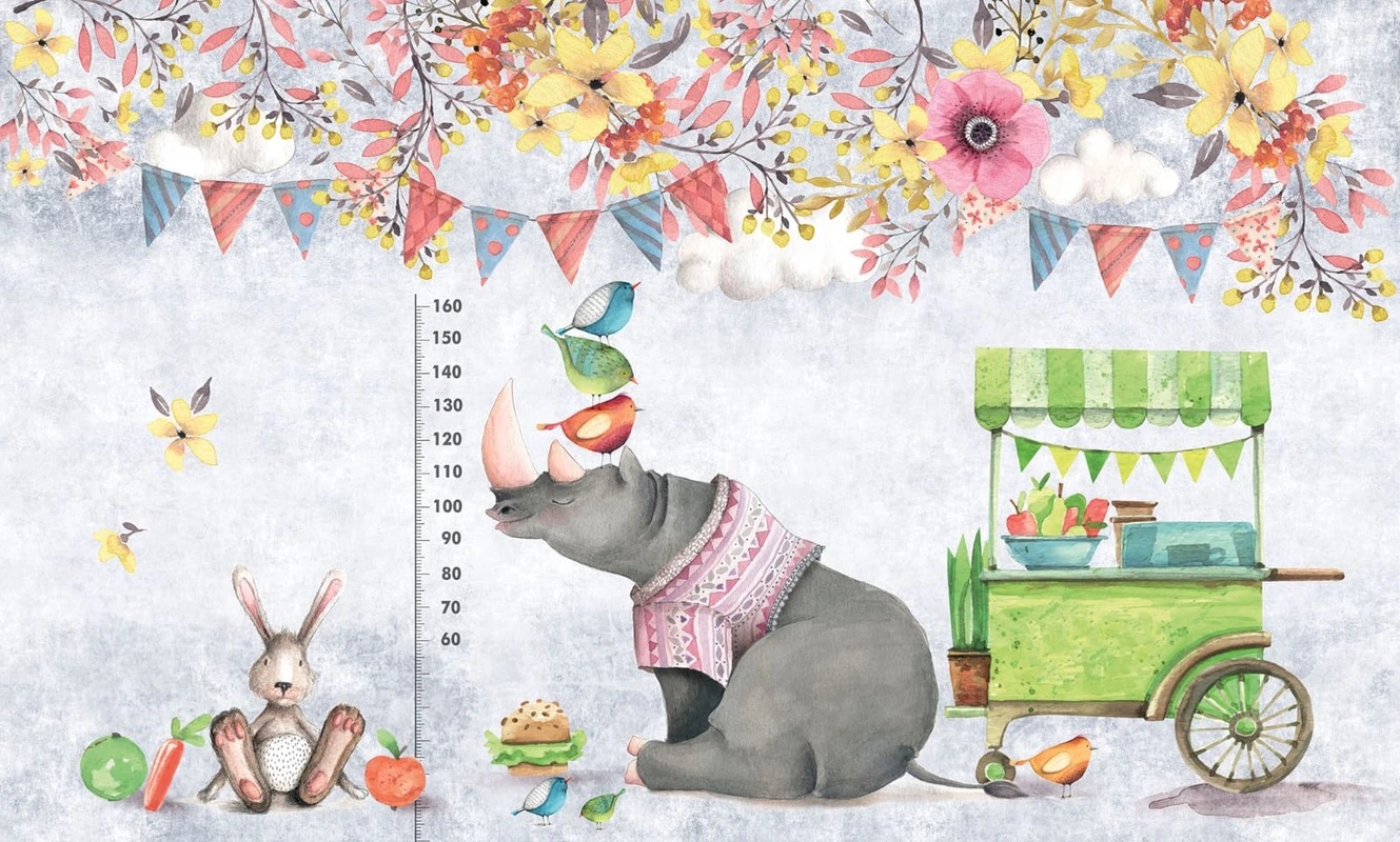 Фотообои и фрески на стену - в детскую, обои детские на стену, в детскую комнату, носорог, линейка, с носорогом