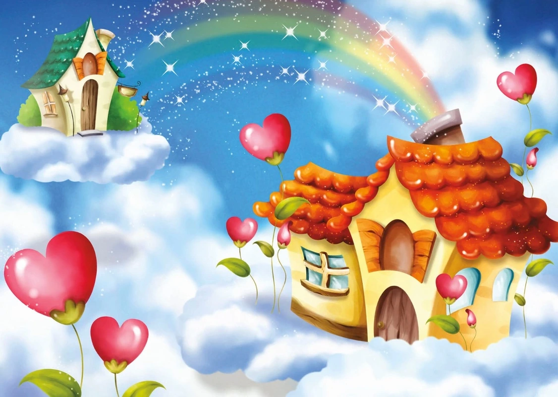 Фотообои на стену - детские, обои сказочного домика, сказочные обои, яркие, в детскую комнату, с радугой