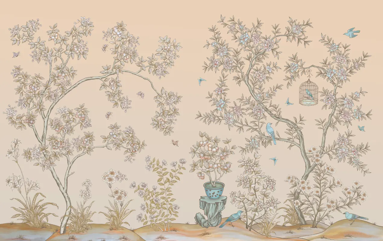 Фотообои и фрески на стену - лепестки, природа, шинуазри, цветы, бабочки, растения, птицы, листья, деревья
