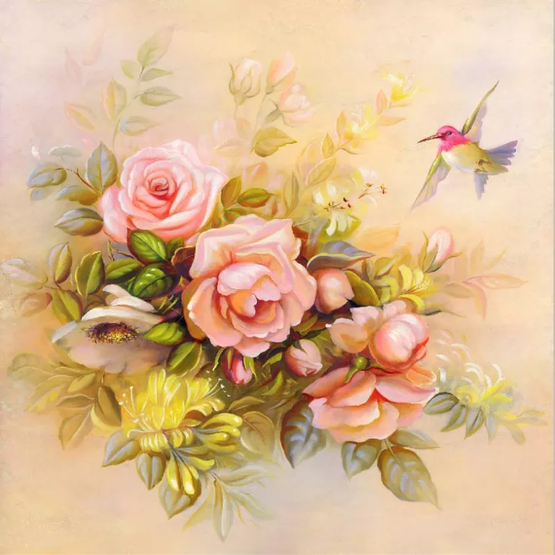 Фотообои и фрески на стену - розовые, персиковые, зеленые, розы, птицы