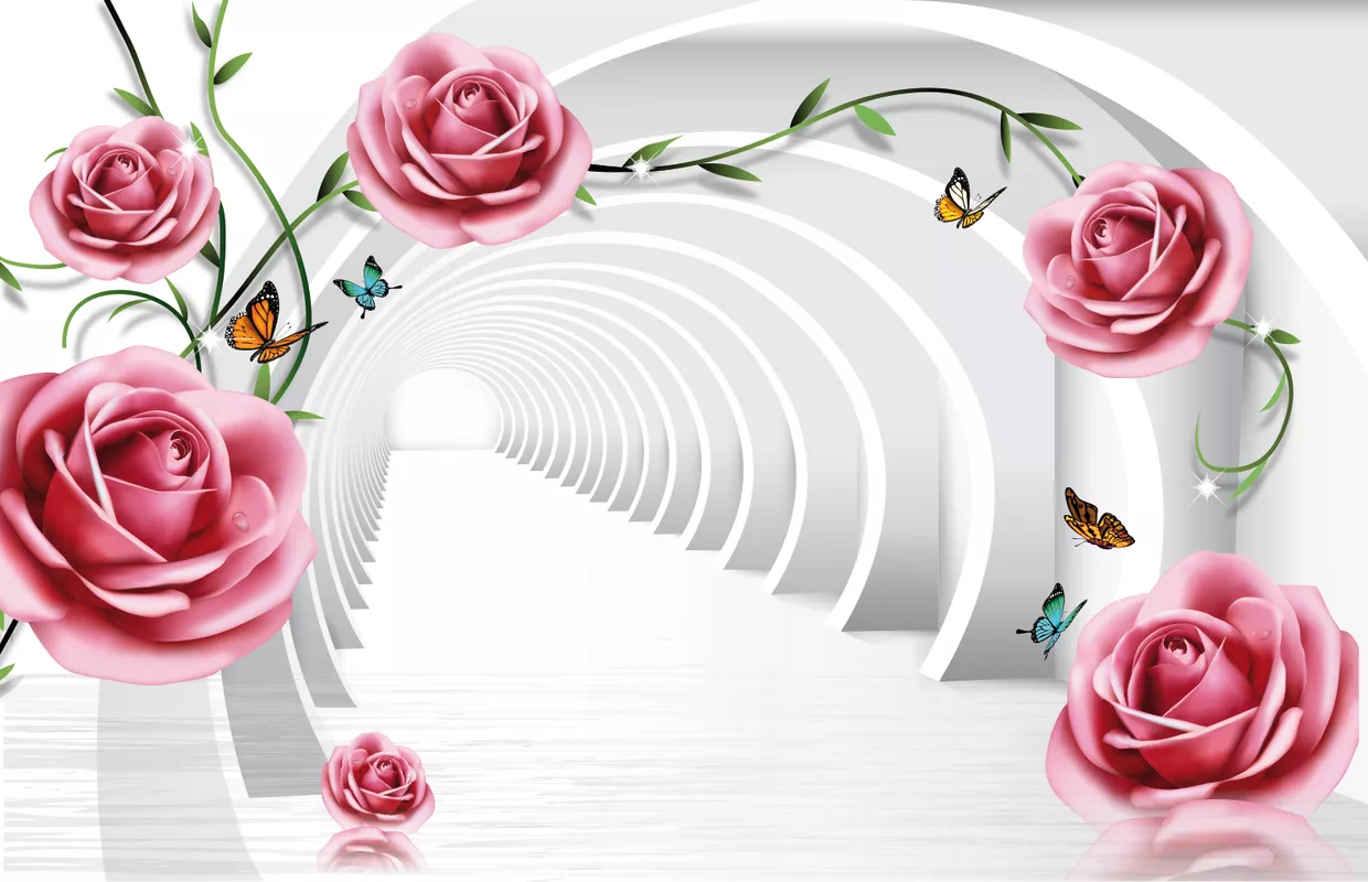 Фотообои и фрески на стену - цветы, перспектива, розовые, белые, бабочки, розы, стереоскопические, туннель