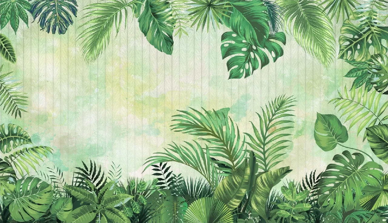 Фотообои и фрески на стену - линии, пальмовые, тропические, листья, монстера, зеленые, полосы, растения
