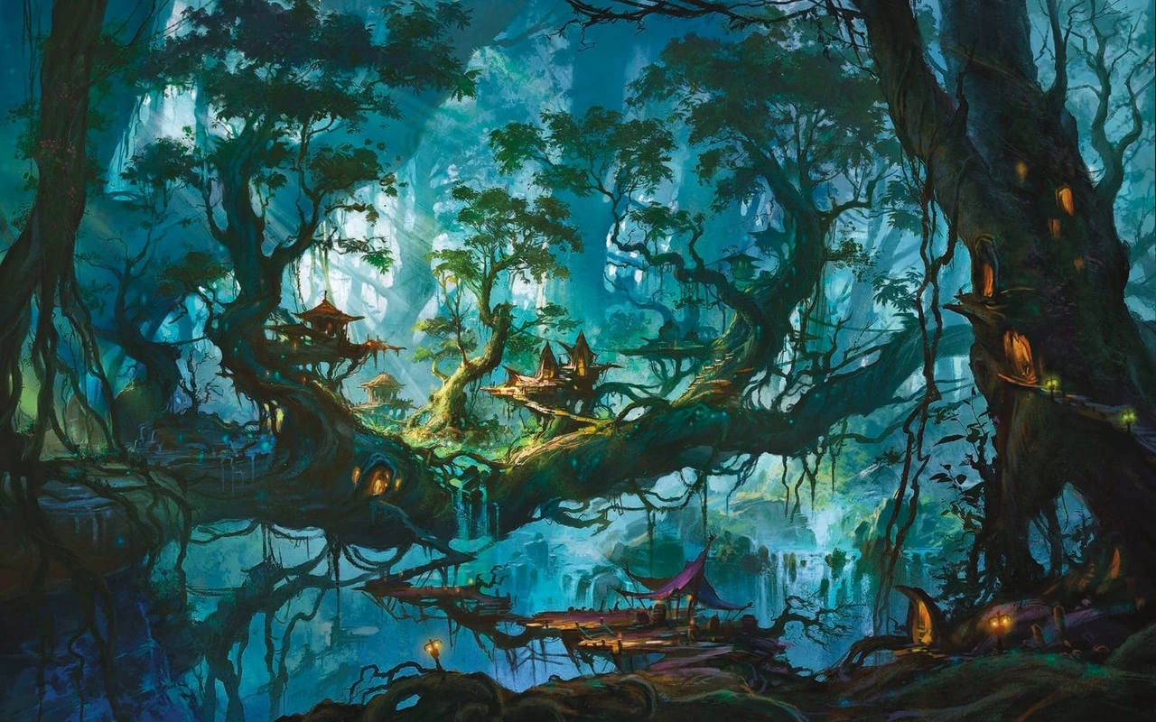 Фотообои и фрески на стену - детские, детские обои, в детскую комнату, таинственные, сказочные обои, сказочное дерево, сказочные ветки, темные, бирюзовые, таинственный лес, в детскую комнату мальчику, сказочный лес