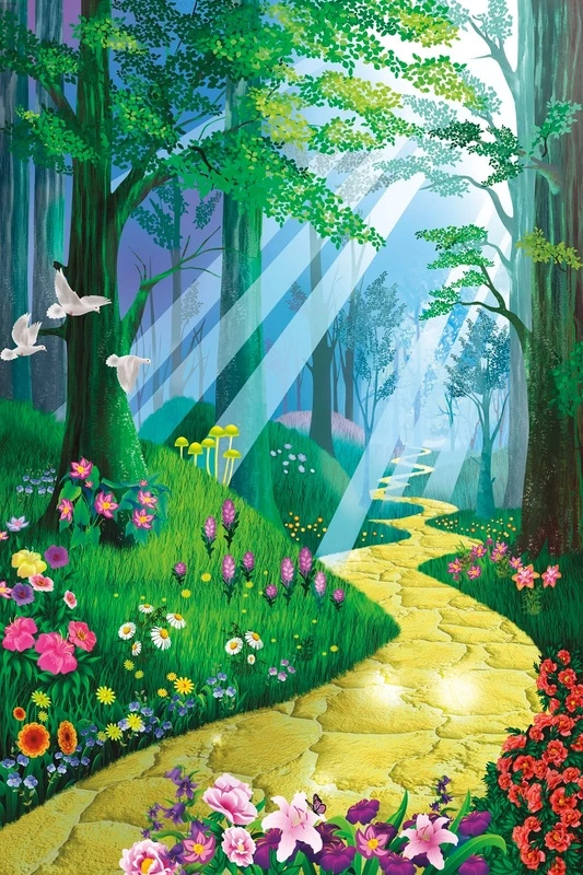 Фотообои и фрески на стену - детские, в детскую комнату, дорожка в лесу, сказочные, яркие детские обои, сказочный лес