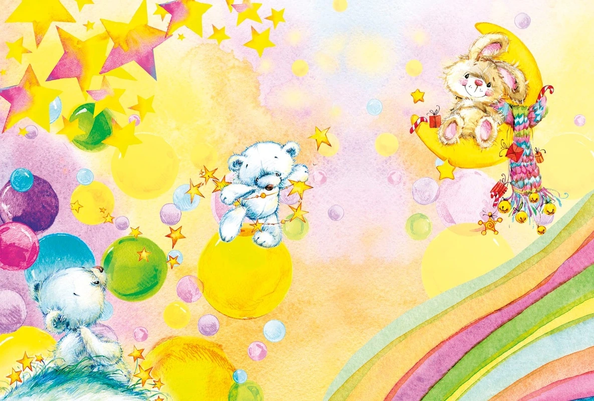 Фотообои на стену - детские, в детскую комнату, мишка, зайка, желтые, радуга, с мишками, лучезарные