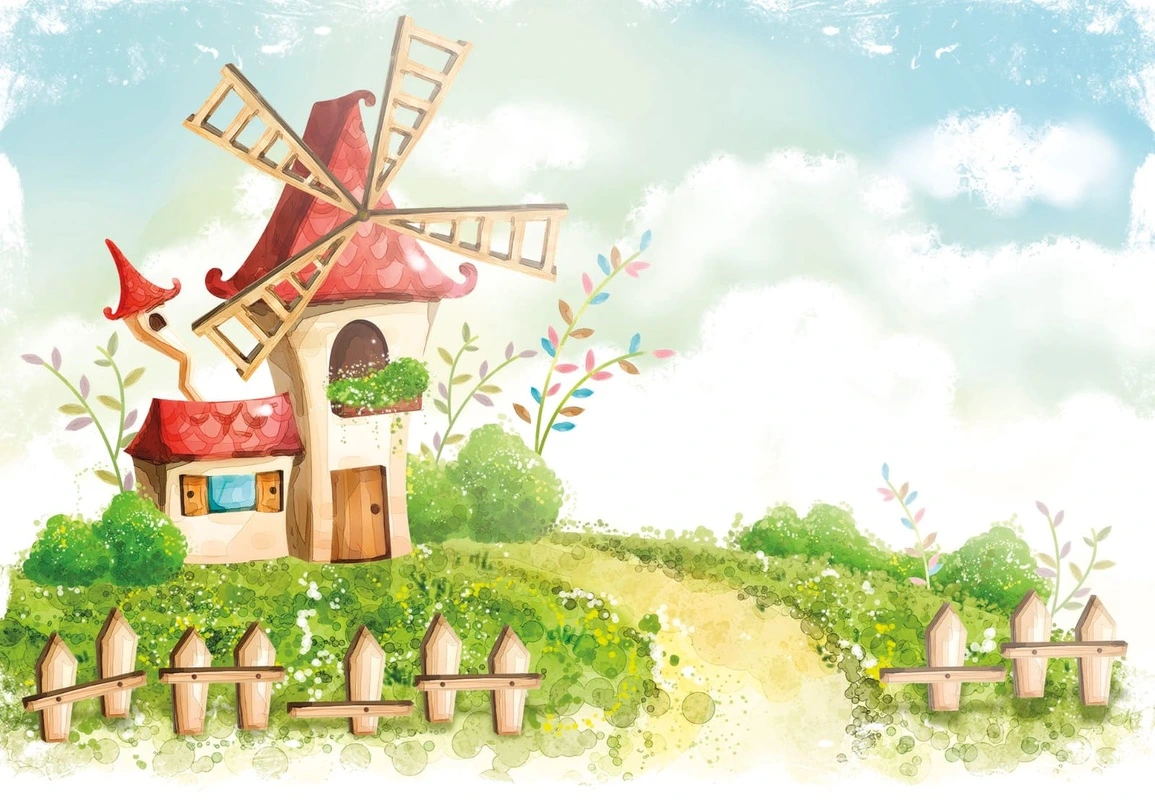 Фотообои и фрески на стену - детские, с мельницей, в детскую комнату, обои сказочного домика, обои сказочный домик, забор, дорога, мельница