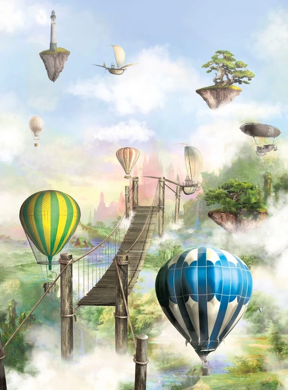 Фотообои на стену - детские, в детскую комнату, воздушные шары, мост, сити