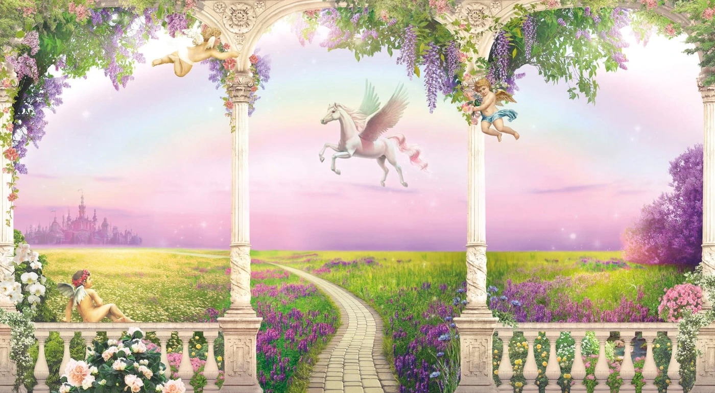 Фотообои на стену - детские, в детскую комнату, арка в детскую, дорога, поле, пегас