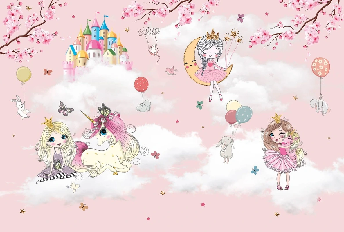 Фотообои и фрески на стену - детские, детские обои город, обои сказочного домика, принцессы, единорог, облака, в детскую комнату