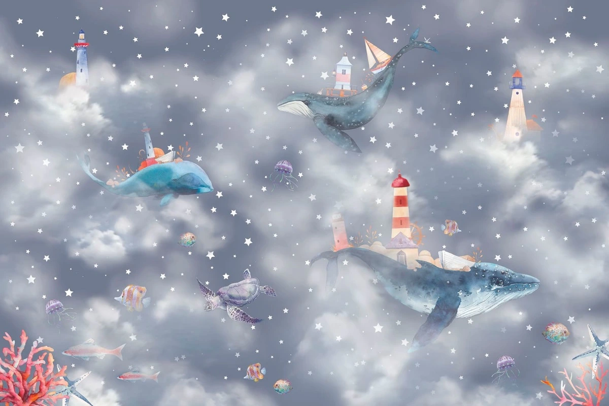 Фотообои и фрески на стену - детские, в детскую комнату, кит, небо, облака, киты