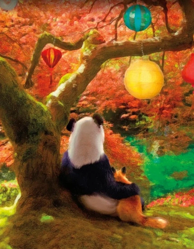 Фотообои на стену - панда, детские, в детскую комнату, осень, лиса, дерево, закат, восход, с пандой, яркие, золотая осень