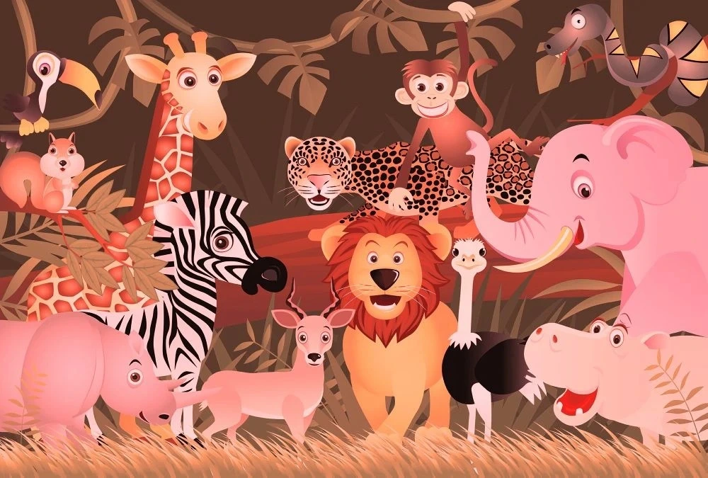 Фотообои на стену - обои звери, аниме обои звери, в детскую комнату, джунгли, яркие, со зверями