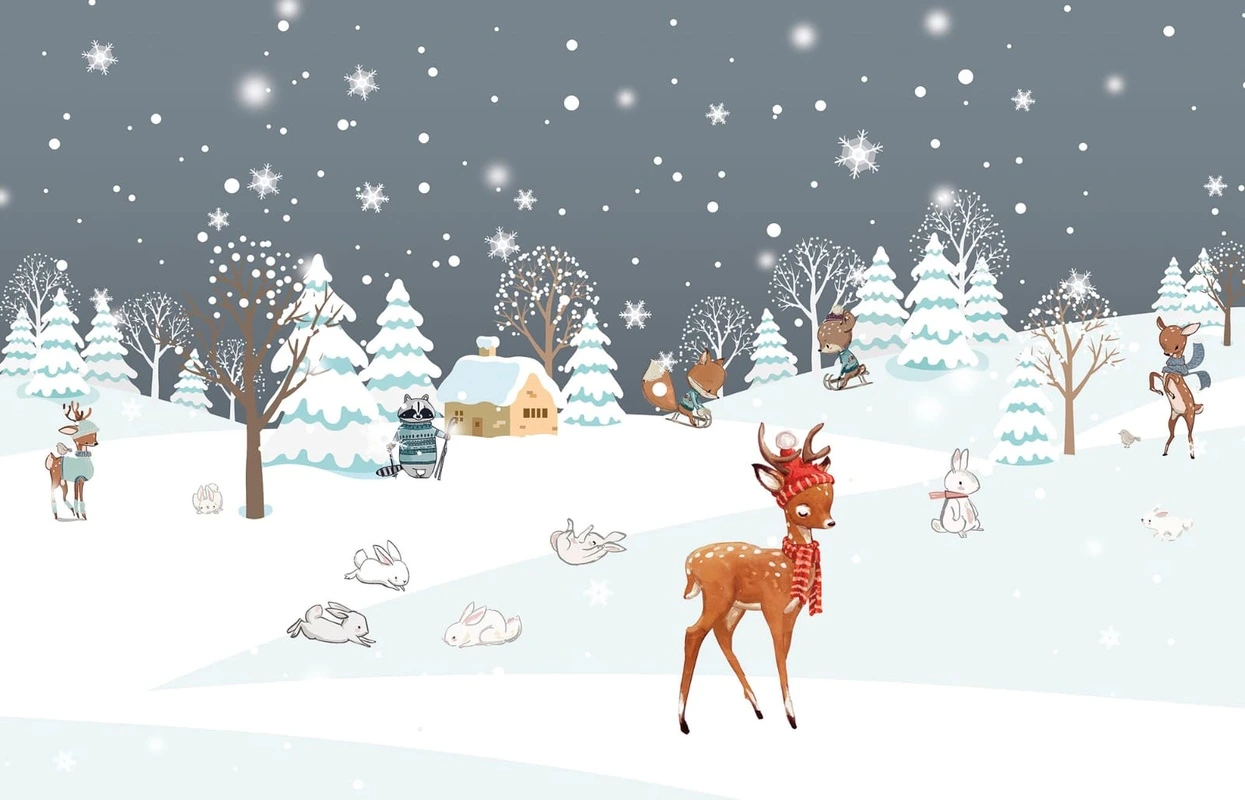 Фотообои на стену - олененок, детские, снег, в детскую комнату, с олененком