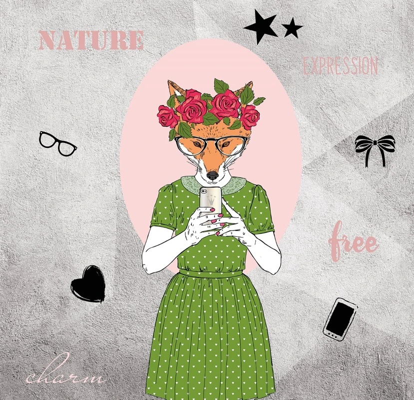 Фотообои и фрески на стену - лиса, в детскую комнату, лиса с телефоном, лиса со смартфоном, лиса в платье 