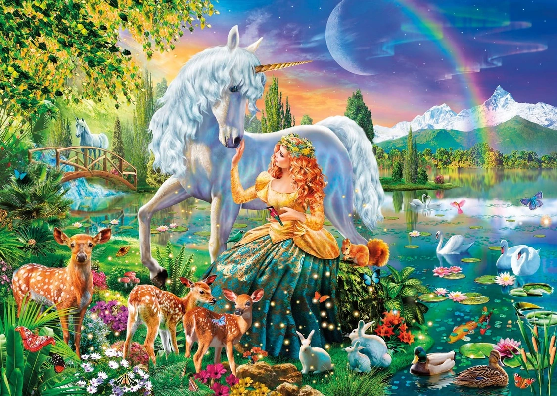 Фотообои на стену - единорог, обои единорог, оленята, сказочные, волшебные, принцесса, в детскую комнату, принцесса с единорогом