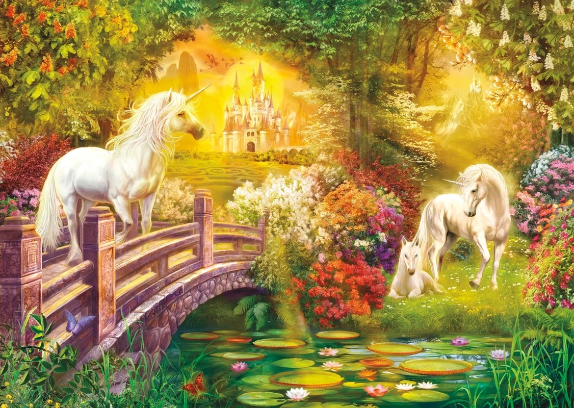 Фотообои на стену - единороги, детские обои, в детскую комнату, мост, река, замок, эстетичные детские обои, красивые обои в детскую, китайские, в китайском стиле 