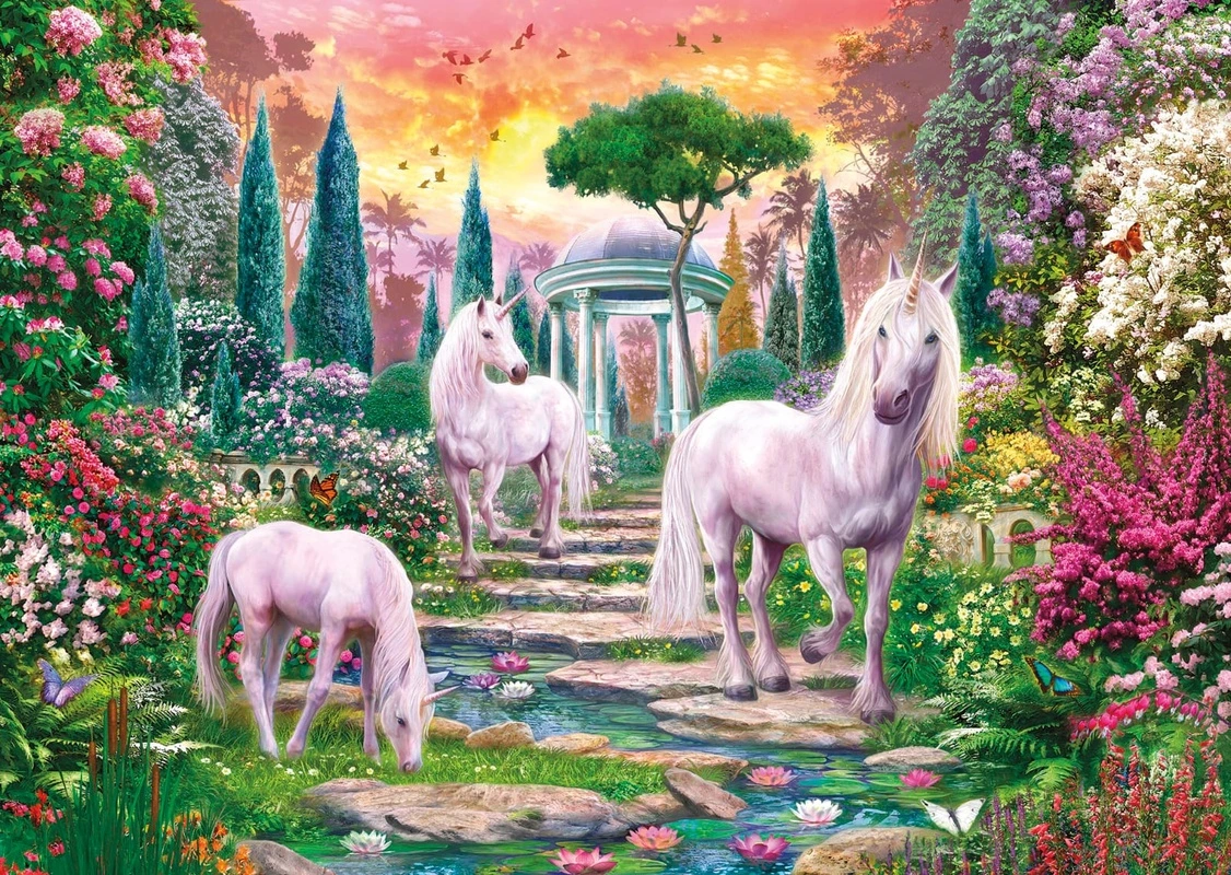 Фотообои на стену - единороги, обои эстетика животные, розовые единороги, беседка, парк, детские обои, в детскую комнату