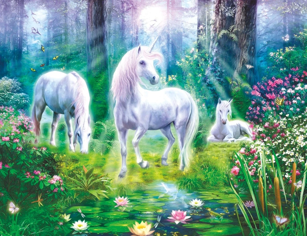 Фотообои на стену - единороги, обои эстетика животные, пейзаж с животными, мир животных, обои детские, в детскую комнату, зеленые