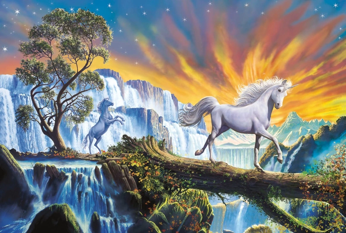 Фотообои и фрески на стену - единороги, водопад, закат, рассвет, детские обои, в детскую комнату