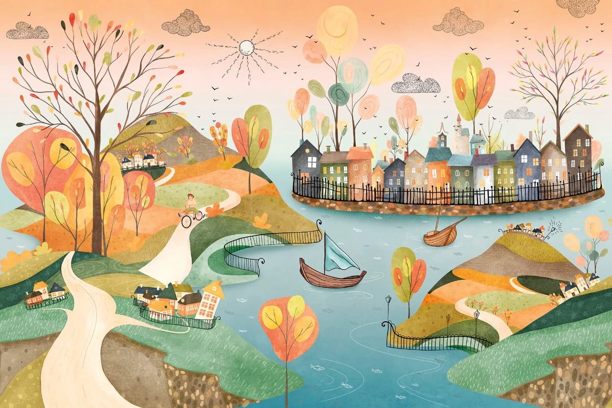 Фотообои на стену - детские, в детскую комнату, детский городок, оранжевые