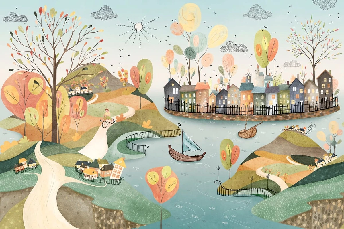 Фотообои на стену - детские, в детскую комнату, детский городок, бирюзовые