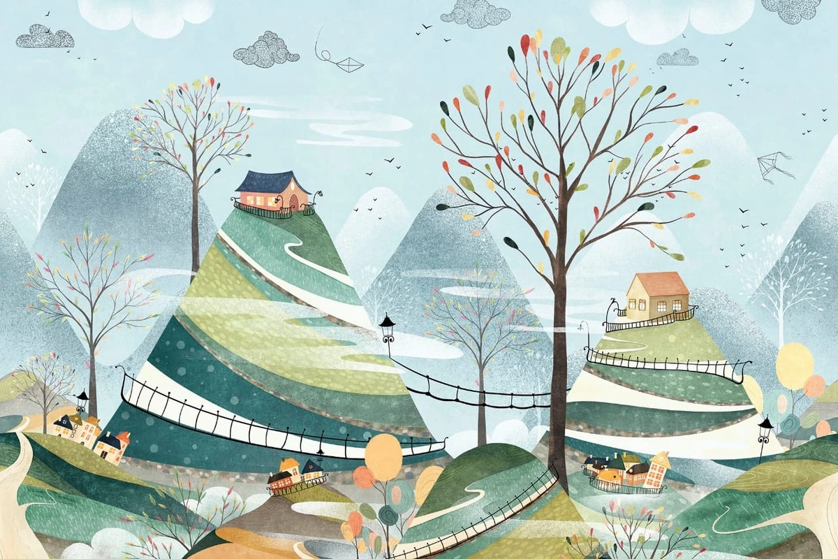 Фотообои на стену - детские, в детскую комнату, детский городок, серо-голубые