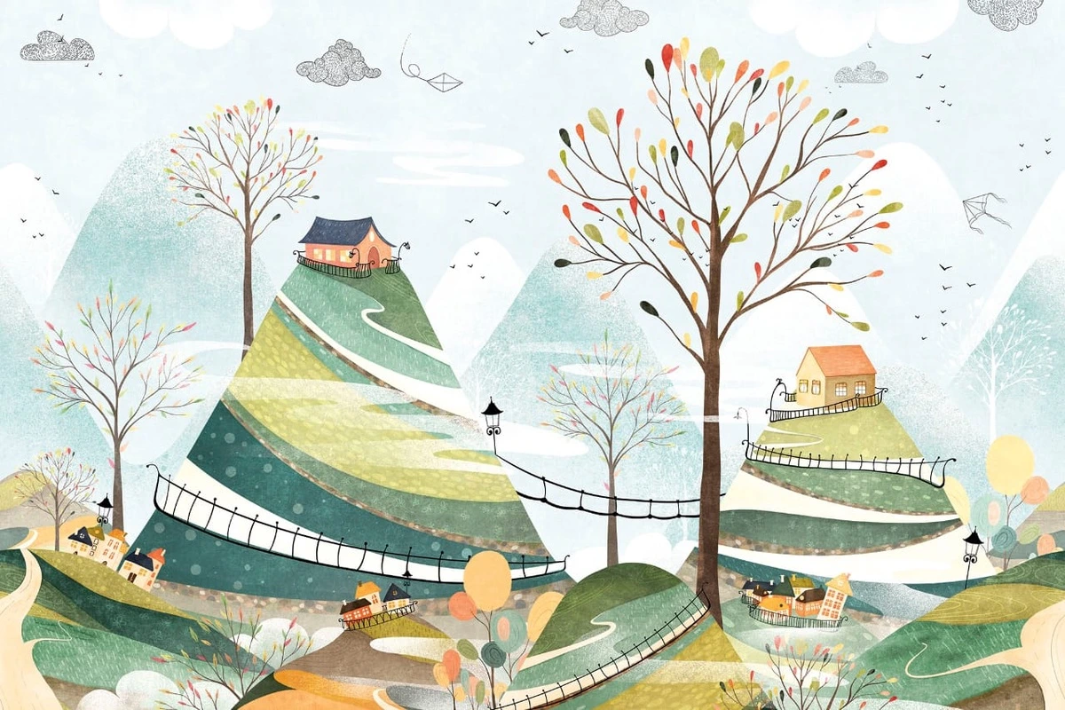 Фотообои на стену - детские, в детскую комнату, детский городок, зеленые, бледно голубые