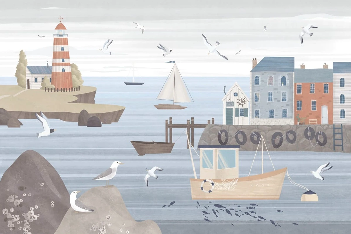 Фотообои на стену - детские, в детскую комнату, детский городок, голубые, море, корабли