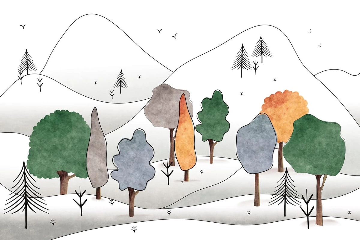 Фотообои и фрески на стену - детские, в детскую комнату, детский городок, белые, деревья, детский рисунок