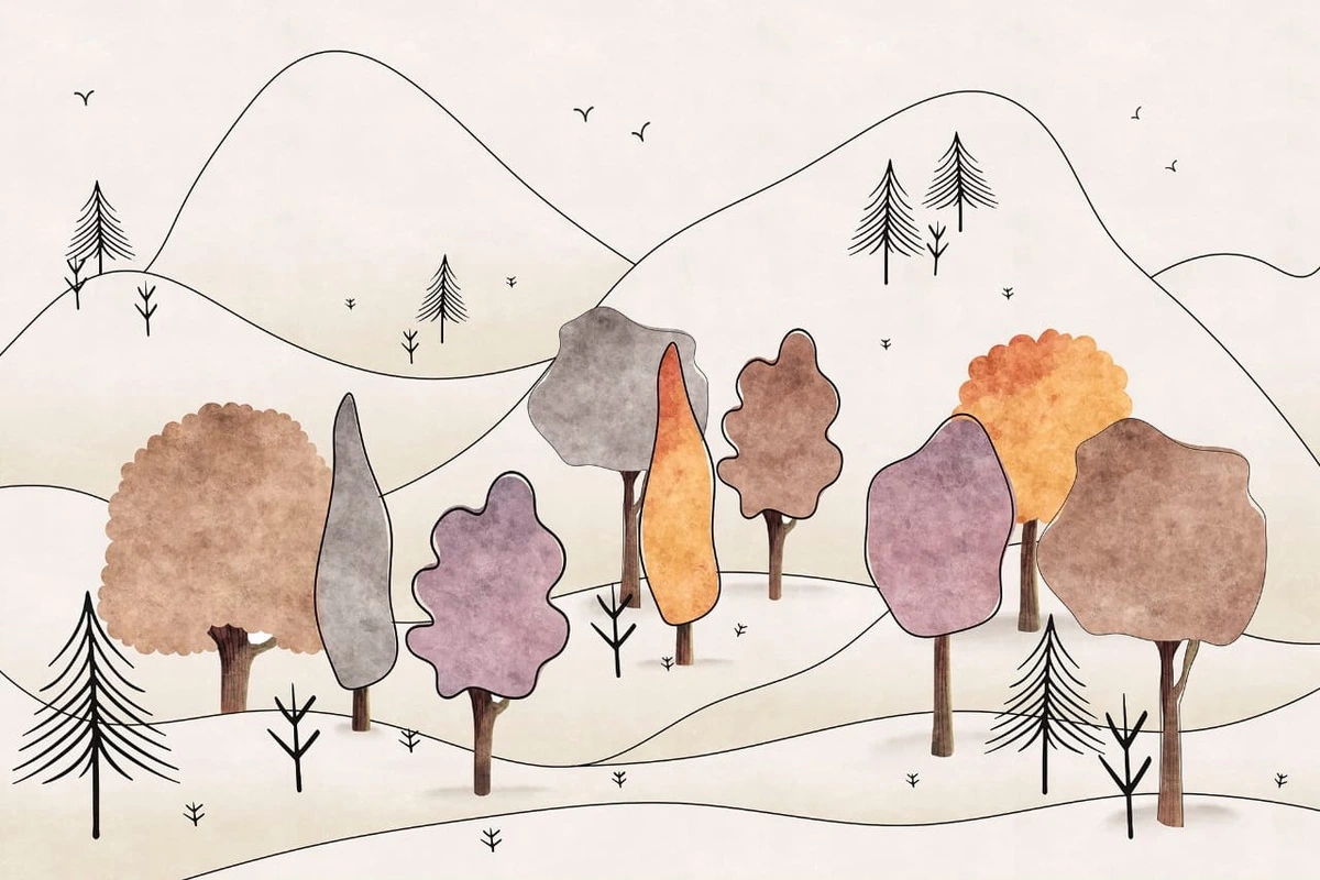 Фотообои и фрески на стену - детские, в детскую комнату, детский городок, кремовые, деревья, рисунок ребенка