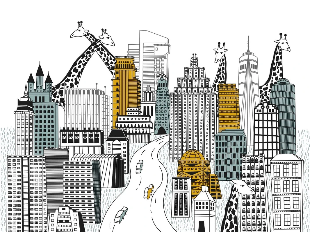 Фотообои и фрески на стену - детские, в детскую комнату, детский городок, серые, графика, бирюзовые, жираф