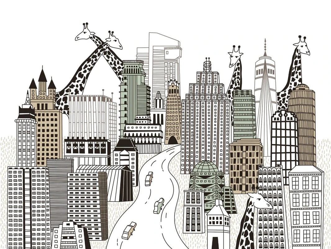 Фотообои и фрески на стену - детские, в детскую комнату, детский городок, серые, жираф, черно-белые, графика