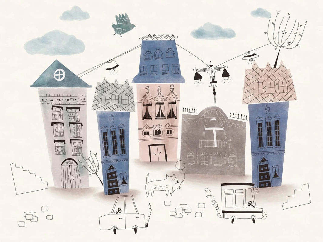 Фотообои и фрески на стену - детские, в детскую комнату, детский городок, детский рисунок, разноцветные домики