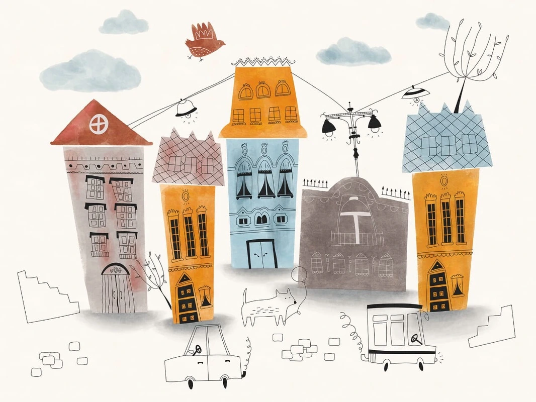 Фотообои и фрески на стену - детские, в детскую комнату, детский городок, детский рисунок домики, разноцветные домики, оранжевые, синие