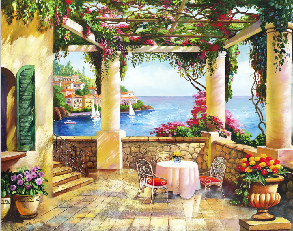 Фотообои и фрески на стену - пейзаж, горы, столик, стулья, виноград, море, природа, лестница, цветы, небо, камень, виноградная лоза, город, растения, парус, яхта, океан, облака, веранда