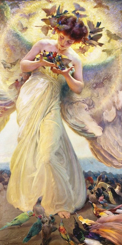 Фотообои и фрески на стену - люди, картины, обои девушка, белые, птицы