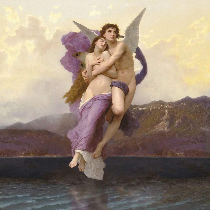 Фотообои и фрески на стену - люди, картины, влюбленные, фрески с ангелами, мужчина и женщина, ангел и девушка, сиреневые, фиолетовые