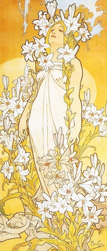 Фотообои на стену - люди, картины, обои девушки, желто-белые, цветы лилии, белые лилии, вертикальные