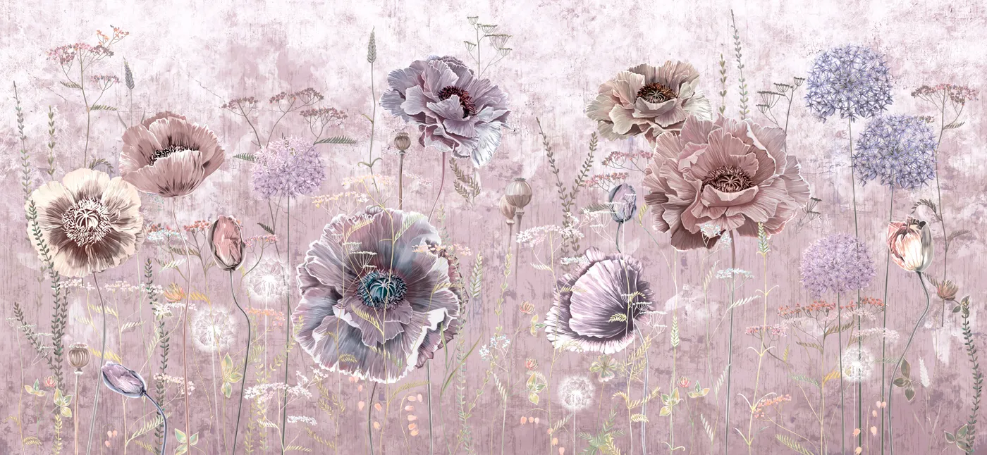 Фотообои и фрески на стену - синие, колокольчики, цветы, одуванчики, мак, дикий лук, одуваны, бежевые, зеленые, одуванчик, цветение лука, цветы одуванчика, трава, декоративный лук, фиолетовые, бутоны, розовые, полевые, поле