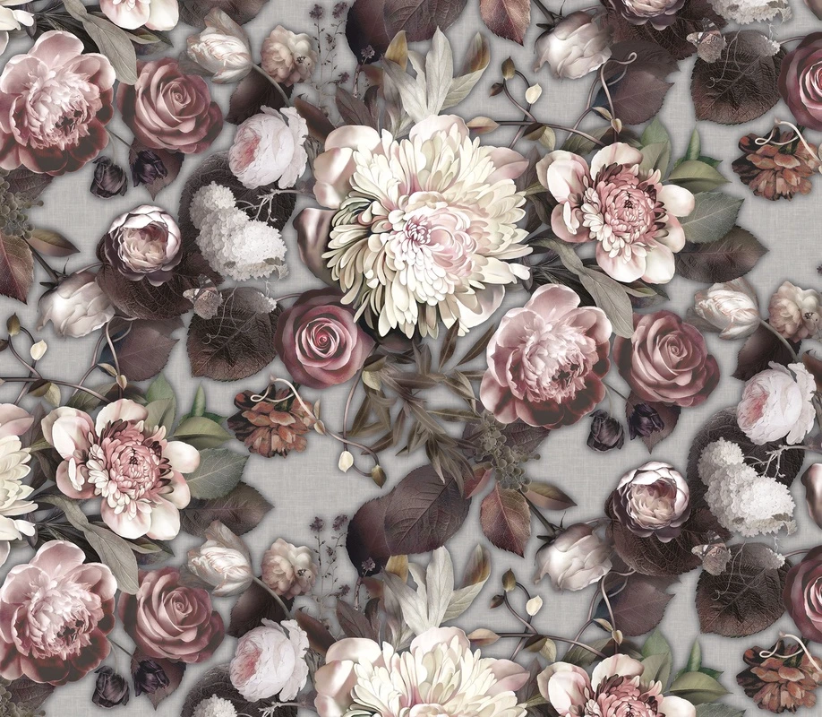 Фотообои и фрески на стену - цветы, розы, пионы, листья, бутоны, бежевые, розовые