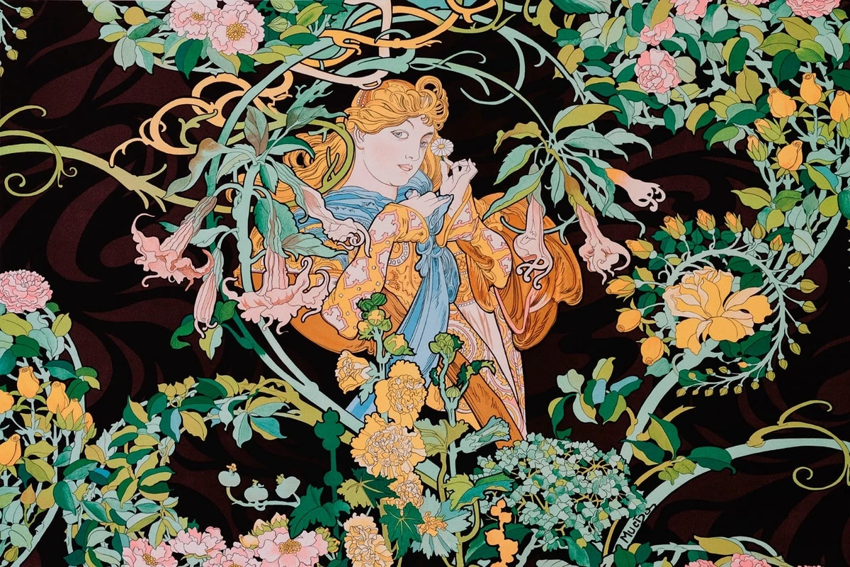 Фотообои и фрески на стену - люди, картины, живопись, девушка, на черном фоне, узоры