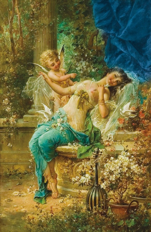 Фотообои и фрески на стену - люди, картины, живопись, классика, девушка, с ангелом, бирюзовые, синие