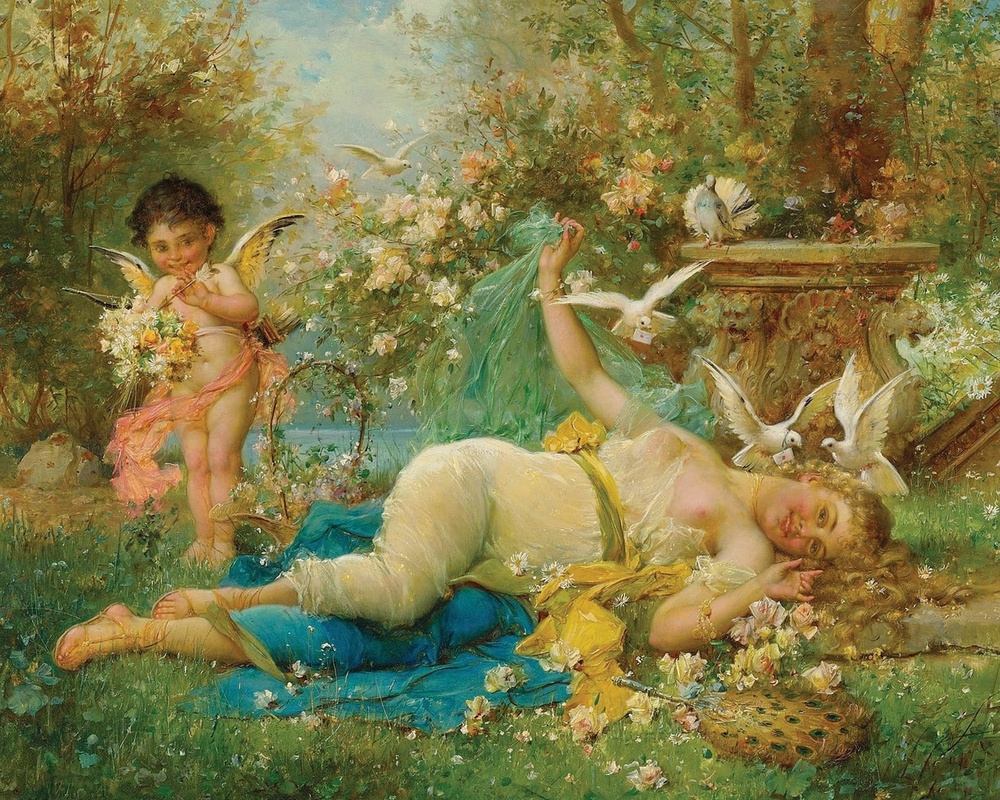 Фотообои и фрески на стену - люди, картины, живопись, классика, девушка, с ангелом, голуби, бирюзовые, зеленые, желтые