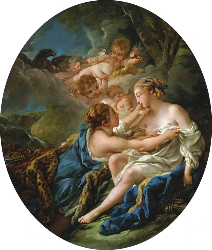 Фотообои на стену - люди, картины, классика, живопись, девушка, с ангелами, синие, бирюзовые, темные