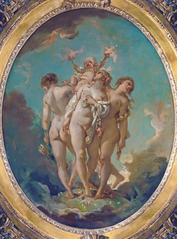 Фотообои и фрески на стену - люди, картины, классика, живопись, девушки, обнаженные, три грации, синие, с ангелом