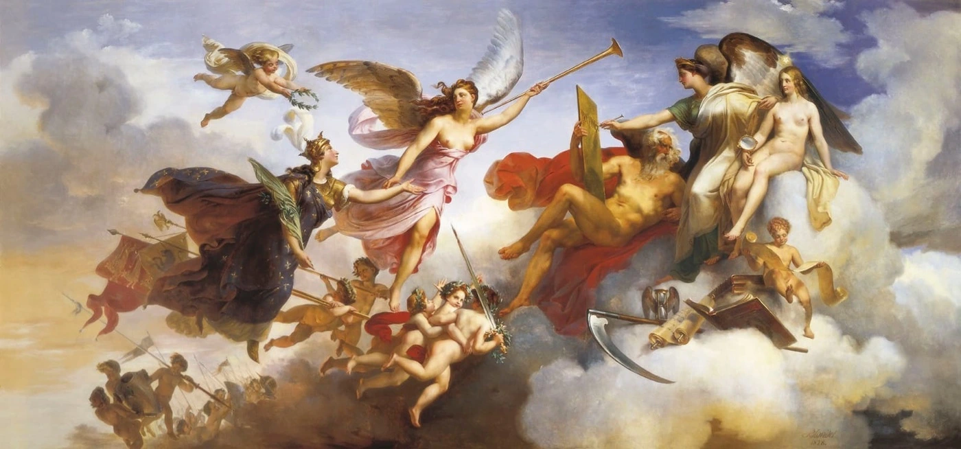 Фотообои и фрески на стену - потолок, люди, живопись, классика, картины, девушка, с ангелами, воин, зевс, облака