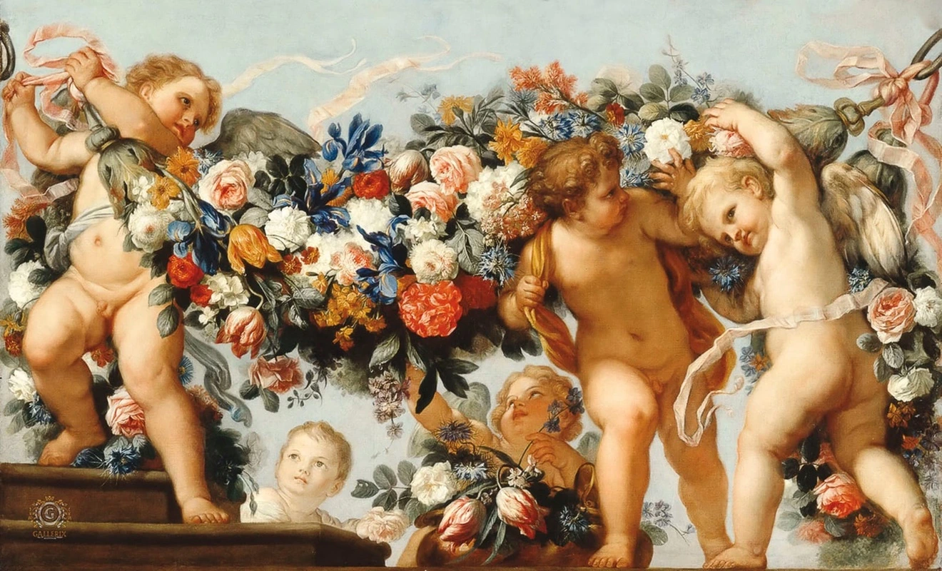 Фотообои и фрески на стену - с ангелами, картины, живопись, с цветами, с пионами