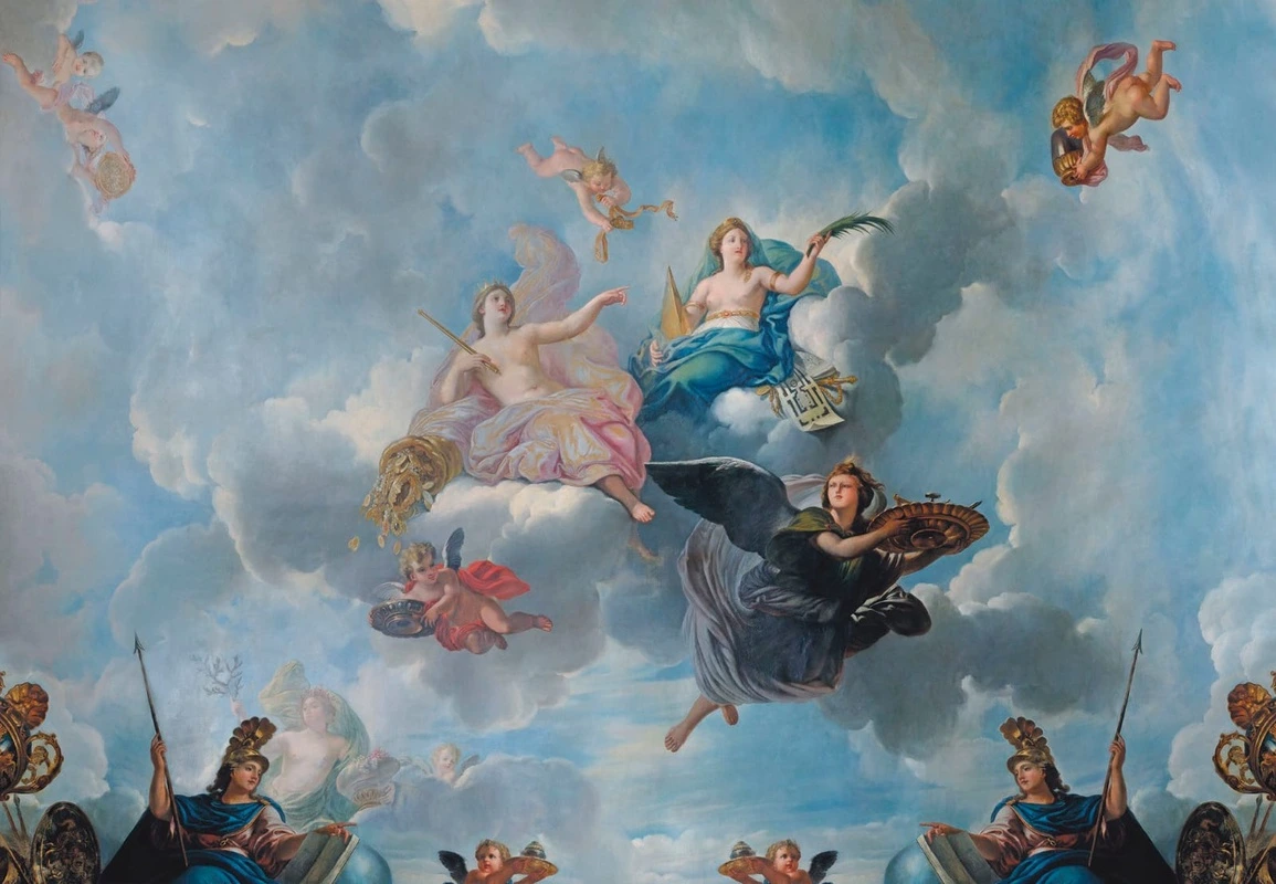 Фотообои на стену - потолок, небо, облака, картины, живопись, люди, с ангелом, голубые, белые